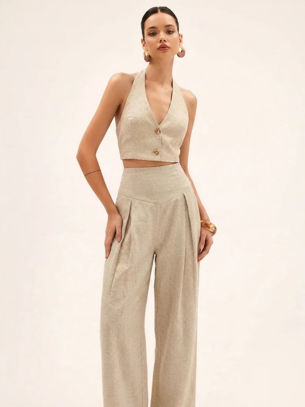 Commense Linen-Blend Beige khaki Halter Vest & pant Set
